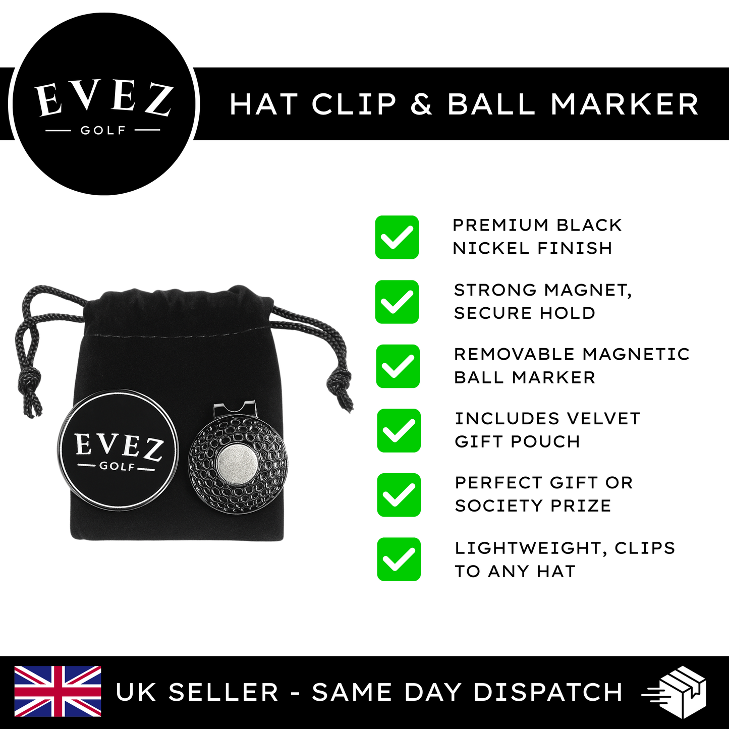 Evez Golf Hat Clip & Ball Marker - With Velvet Pouch