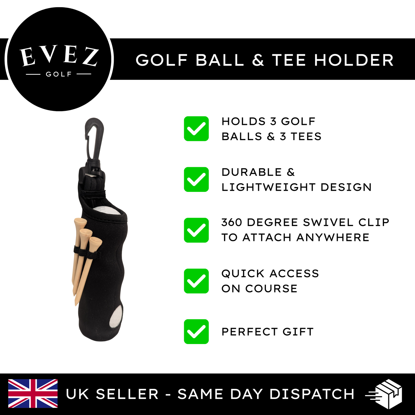 Golf Ball & Tee Holder - Quick Access Pouch | Clips to Bag